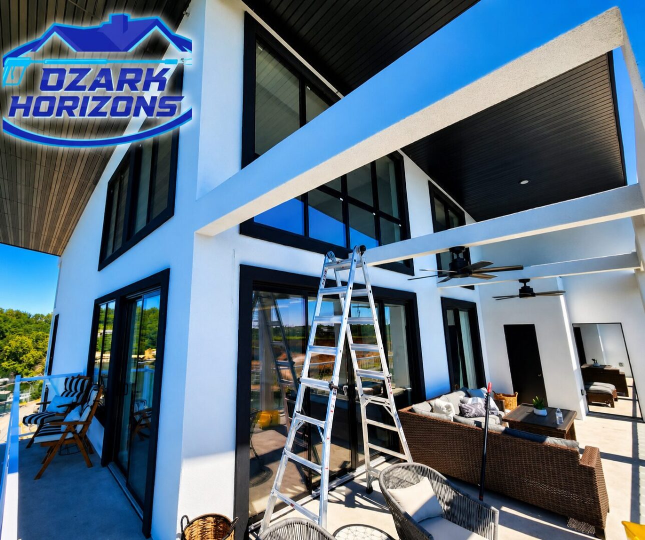 Modern balcony patio with ladder and seating