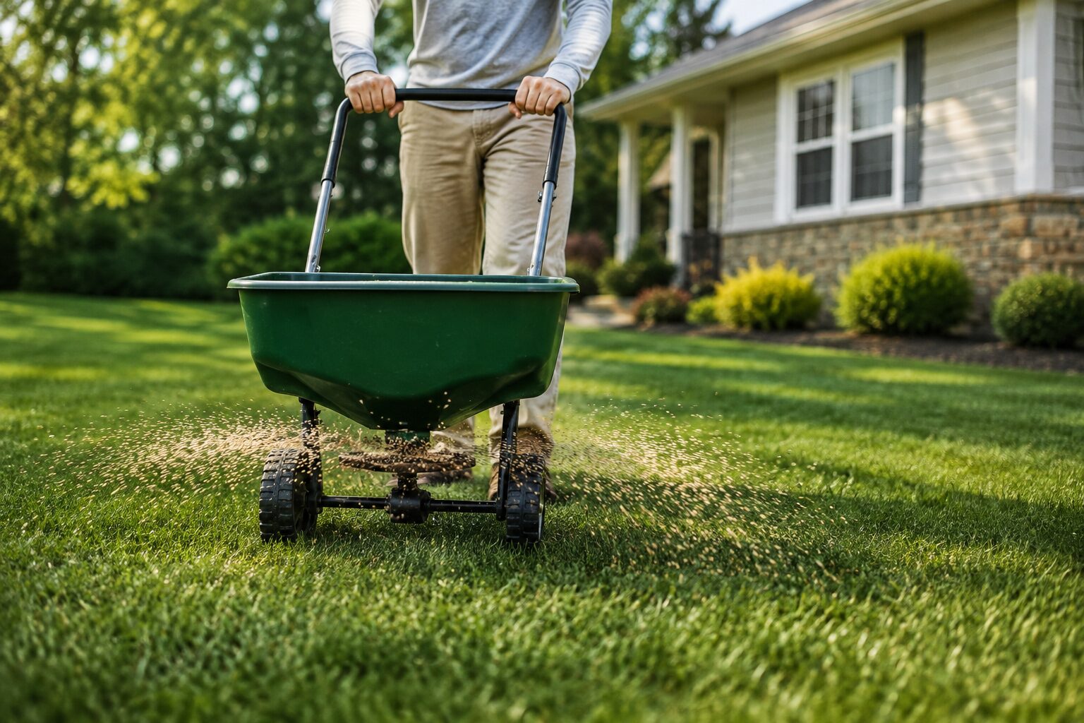 Person spreading fertilizer with green broadcast spreader