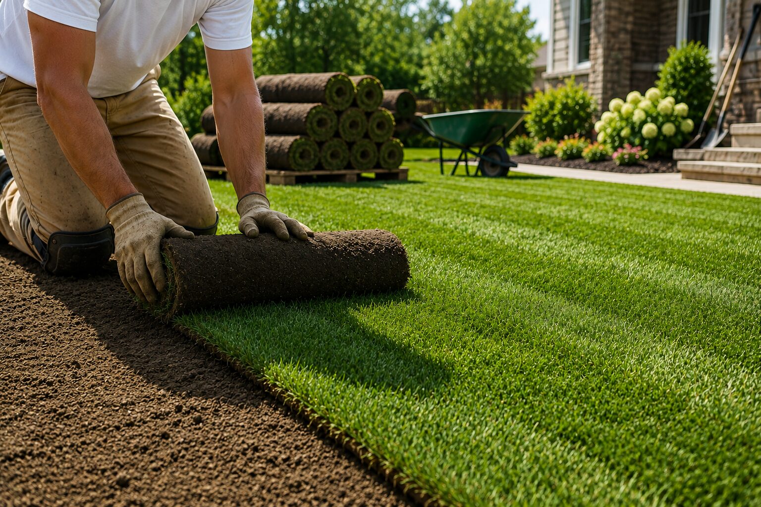 Worker rolling sod onto prepared soil