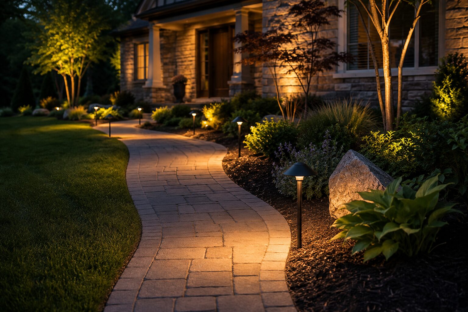 Curved stone walkway lit by garden lights
